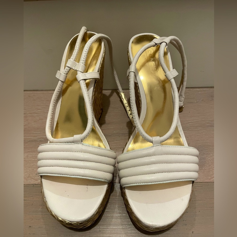 Coach White and Gold Strap Wedges